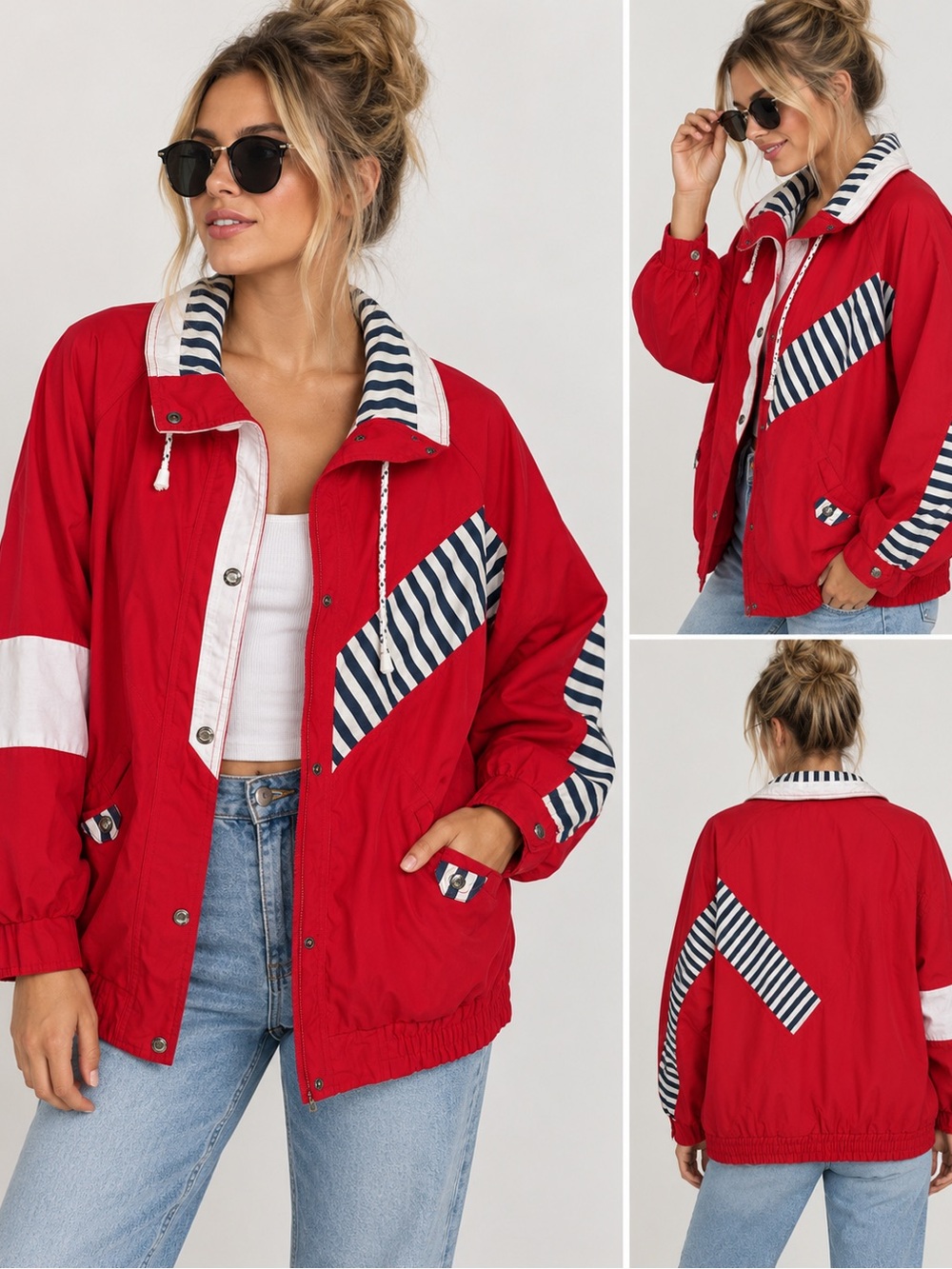 Vintage IZZI Spirit Red Nautical Windbreaker Jacket Striped Large